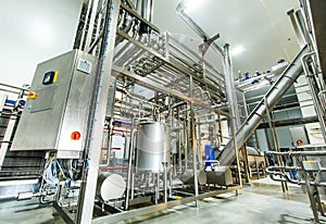 Shiny stainless steel pipes, tanks for the food industry