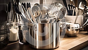 Shiny stainless steel utensils stack on clean kitchen table generated by AI