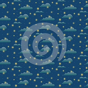 Shiny stars with clouds seamless pattern. Magic starry sky. Outer space. Vector illustration
