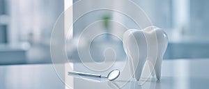 The shiny tooth model beside dental tools in a modern clinic environment. AI generated image