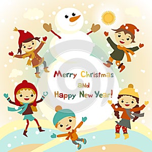 Shiny vector christmas background with funny snowman and children.