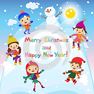 Shiny vector christmas background with funny snowman and children.