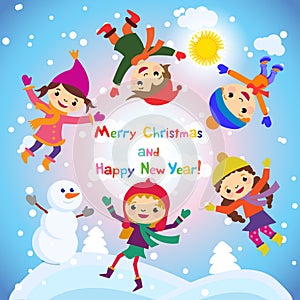 Shiny vector christmas background with funny snowman and children. Happy new year postcard design with boy and girl enjoying the h