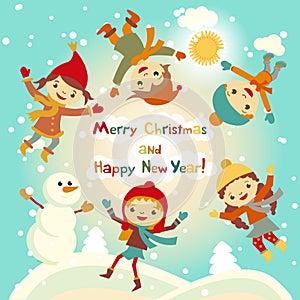 Shiny vector christmas background with funny snowman and children. Happy new year postcard design with boy and girl enjoying the h