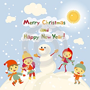 Shiny vector christmas background with funny snowman and children. Happy new year postcard design with boy and girl enjoying the h