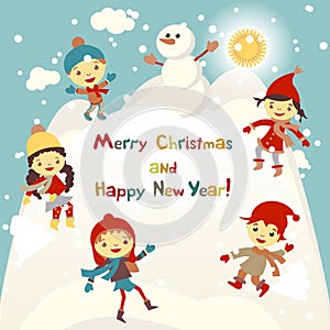 Shiny vector christmas background with funny snowman and children. Happy new year postcard design with boy and girl enjoying the h