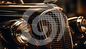 Shiny vintage car bumper reflects bright chrome headlight grille generated by AI