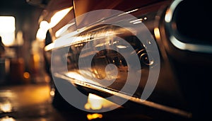 Shiny vintage car headlights illuminate blurred city nightlife motion generated by AI