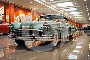 Shiny and well lit classic blue car parked in a car museum.Shiny and well lit classic cars parked in a car museum