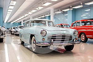 Shiny and well lit classic blue car parked in a car museum.Shiny and well lit classic cars parked in a car museum