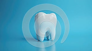Shiny white tooth on reflective surface with blue gradient background