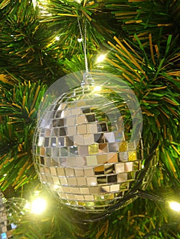 Shiny Xmas ball on gree pine tree