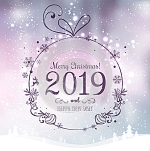 Shiny Xmas ball for Merry Christmas 2019 and New Year on holidays background with winter landscape with snowflakes, light, stars.