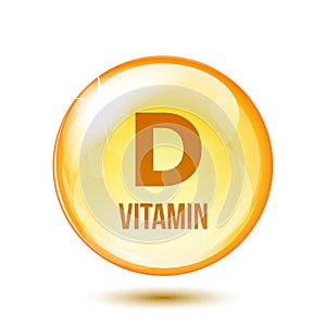 Shiny yellow capsule. Healthy medicine pill with letter vitamin D symbol.