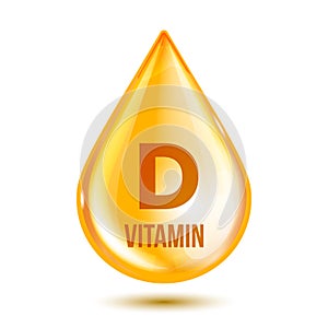 Shiny yellow drop. Healthy medicine pill with letter vitamin D symbol.