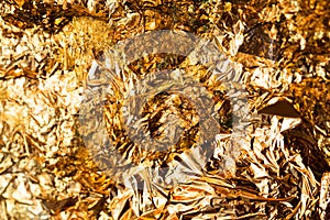 Shiny yellow gold leaf or scraps of gold foil background texture