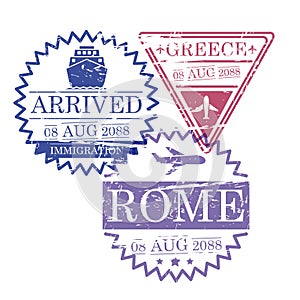 Ship and airplane travel stamps of greece and rome in colorful silhouette