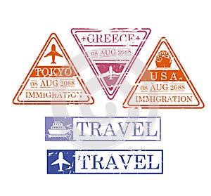 Ship and airplane travel stamps in triangular and rectangular shape of tokio greece and usa in colorful silhouette photo
