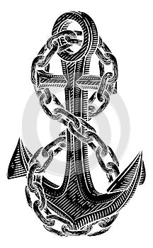 A Ship Anchor And Chain Nautical Woodcut Drawing