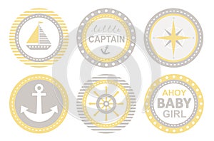 Baby Shower Vecor Party Tags. Nautical Round Shape Stickers. Ahoy Baby Girl.