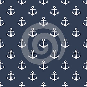Ship anchor seamless pattern print. White anchor on blue background seamless pattern design for fabric and background.