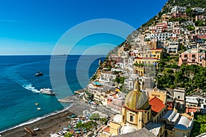 Ship is approaching to Positano Italy Port Waterfront.