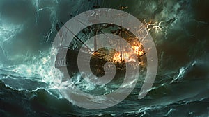 A ship battles treacherous waves and intense lightning strikes in a stormy sea, An ancient ship battling a raging tempest, AI