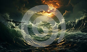 Ship Battling Stormy Ocean Waves