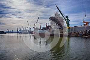 Ship is being renovated in shipyard