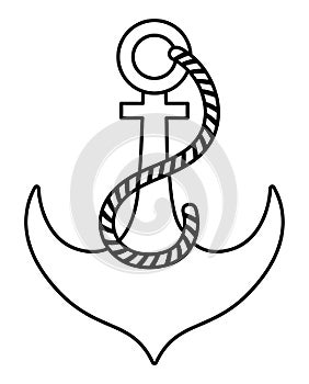 Ship black and white anchor icon. Line water boat element illustration. Outline pirate vessel picture or coloring page isolated on