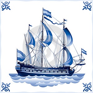 Ship on the Blue Dutch tile 4, battleship