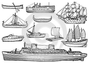 Ship, boat , collection, illustration, drawing, engraving, ink, line art, vector