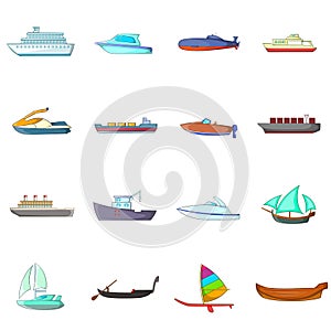 Ship and boat icons set, cartoon style