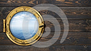 Ship or boat with ocean horizon porthole on wooden wall