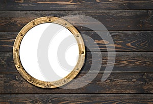 Ship or boat porthole frame on wooden wall 3d illustration