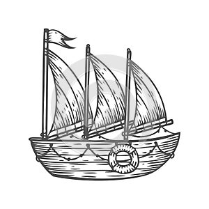 Ship, boat, sailboat, hand drawn engraving sketch vector nautical illustration.