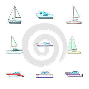 Ship boat travel icons set, cartoon style