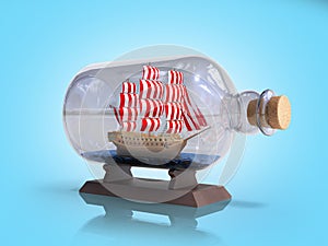 Ship in a bottle 3d render on blue gradient