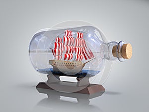 Ship in a bottle 3d render on grey gradient