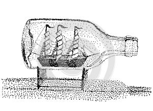 Ship in a bottle in dots with shadow on white
