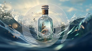 a ship bottle that floats tilted in the sea and shaken