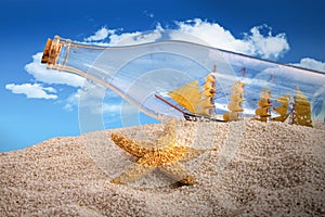Ship in a bottle in a pile of sand