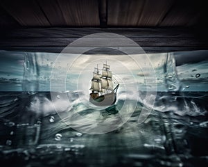 Ship in the bottle. Sailboat in glass bottle souvenir. Generative AI