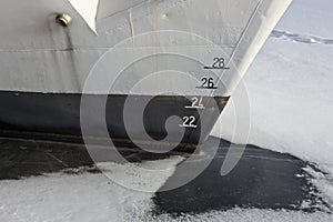 Ship bow showing the plimsoll depth gauge