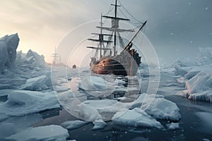 A ship braves icy waters as it navigates through a frozen landscape., Old vessels navigating through icy waters in the North Pole