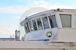 Ship bridge of captain exterior, room of able seaman for ship control by helmsmen photo