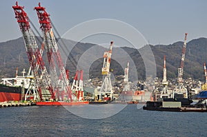 Ship building docks. Shipyard in Kure, Japan