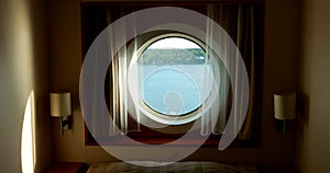 Ship Cabin With Bed And Window With View On Sea. Luxury Cabin On Ferry Boat Or Cruise Liner