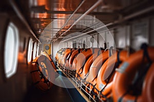 ship cabin with orange lifebuoys generative ai