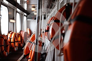 ship cabin with orange lifebuoys generative ai